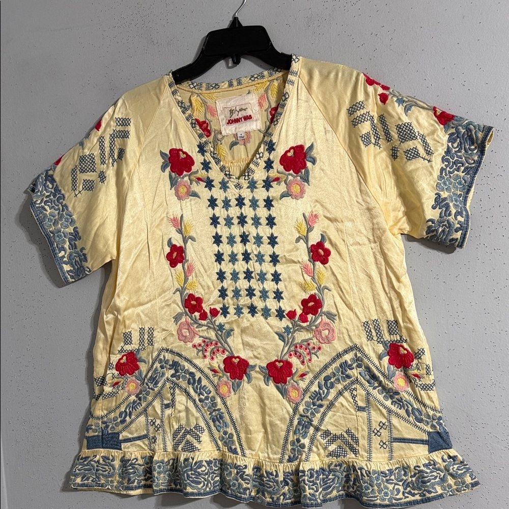 Biya Johnny Was Yellow Blouse with Red and Blue Embroidery NWOT